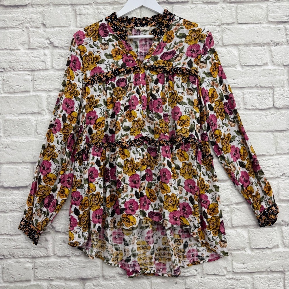 Jane + Delancey Floral Ruffle Long Sleeve Blouse Top - Size M - Boho Cottagecore